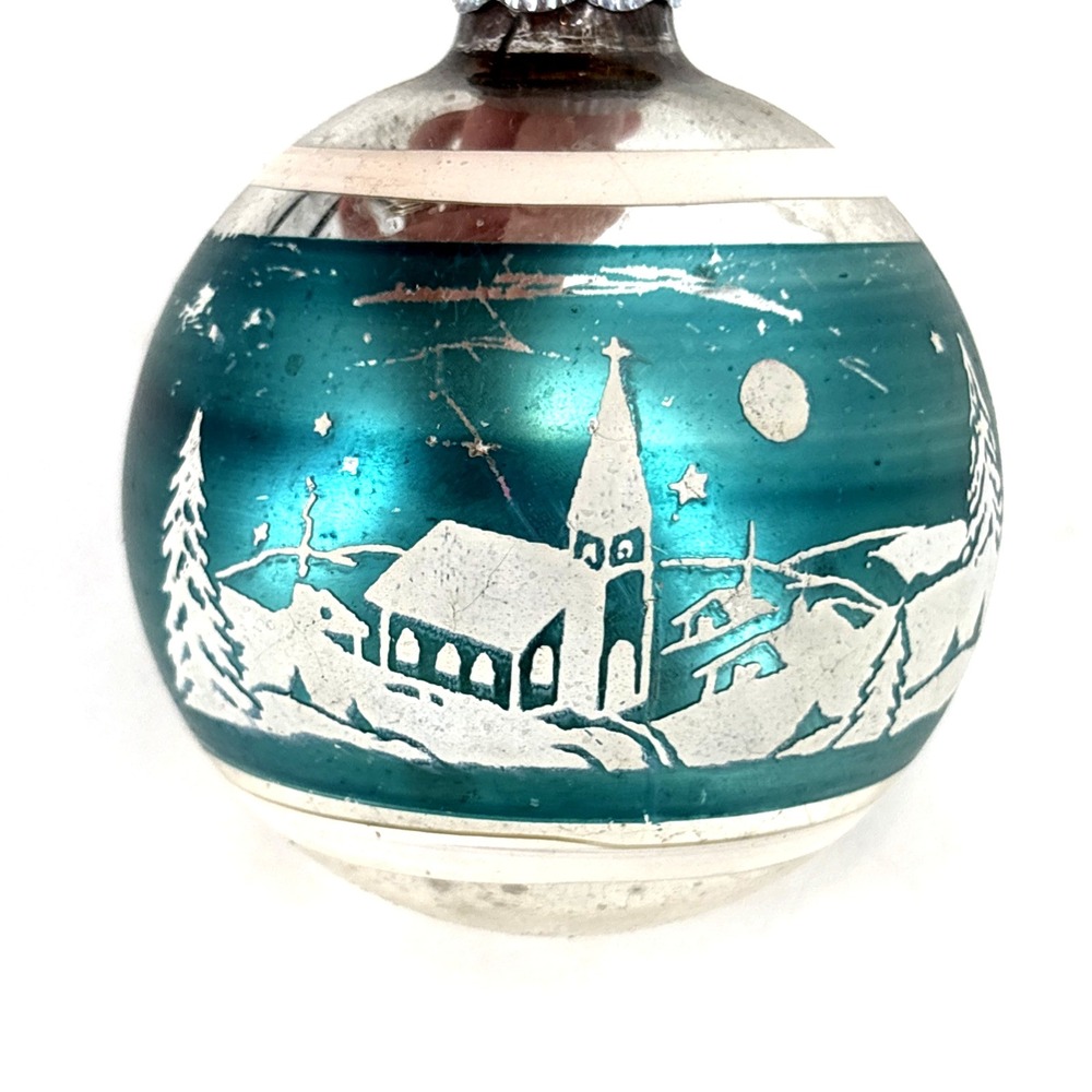 Vintage Shiny Brite Blue Glass Ornament Church Stencil Mica MCM USA